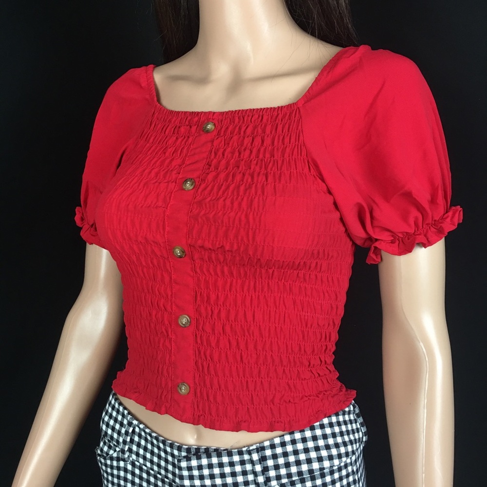 Red Ruffled Square Neck Puff Sleeve Top
